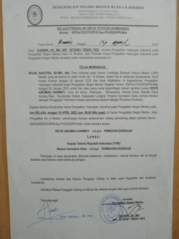 Pengadilan Negeri Medan aanmaning TVRI Sumut